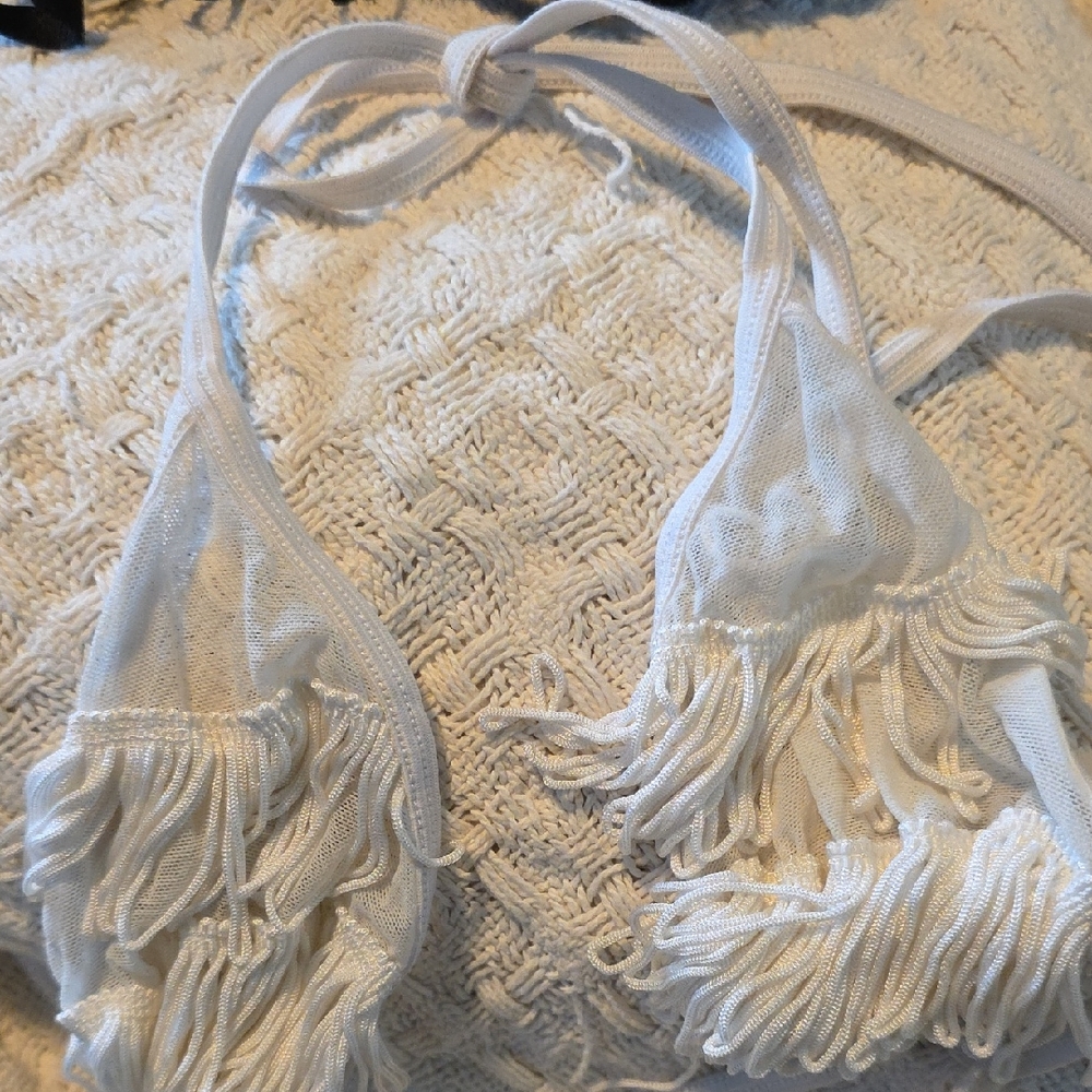 Frederick's of Hollywood White Fringe Bikini Top And Skirted Thong